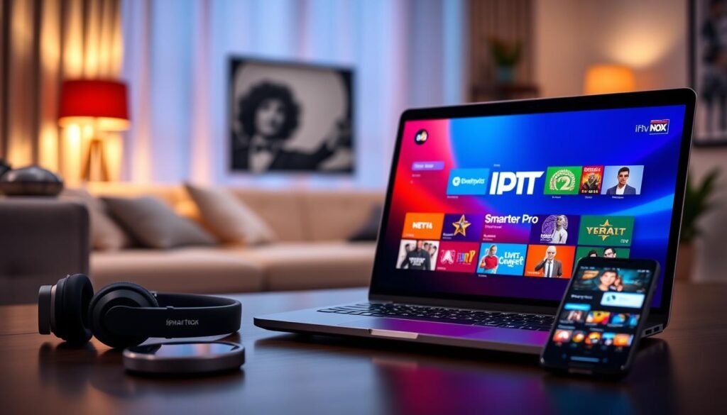 A modern digital workspace showcasing the IPTV Smarters Pro application interface, predominantly featuring vibrant colors and smooth, user-friendly design elements. In the foreground, a sleek laptop displays the IPTV Smarters Pro logo and a user-friendly streaming interface with colorful thumbnails for channels. Surrounding the laptop, stylish tech accessories like headphones and a smartphone partially showcasing the app. In the middle background, a cozy home setting with soft, ambient lighting casts a warm glow over the scene. The atmosphere is professional yet relaxed, suggesting easy accessibility to premium streaming content. Emphasize the brand "iptv pro nox" subtly in the design elements. Include a lens close-up effect for a detailed view, but maintain an overall balanced composition. No text or watermarks should be present. A modern digital workspace showcasing the IPTV Smarters Pro application interface, predominantly featuring vibrant colors and smooth, user-friendly design elements. In the foreground, a sleek laptop displays the IPTV Smarters Pro logo and a user-friendly streaming interface with colorful thumbnails for channels. Surrounding the laptop, stylish tech accessories like headphones and a smartphone partially showcasing the app. In the middle background, a cozy home setting with soft, ambient lighting casts a warm glow over the scene. The atmosphere is professional yet relaxed, suggesting easy accessibility to premium streaming content. Emphasize the brand "iptv pro nox" subtly in the design elements. Include a lens close-up effect for a detailed view, but maintain an overall balanced composition. No text or watermarks should be present.