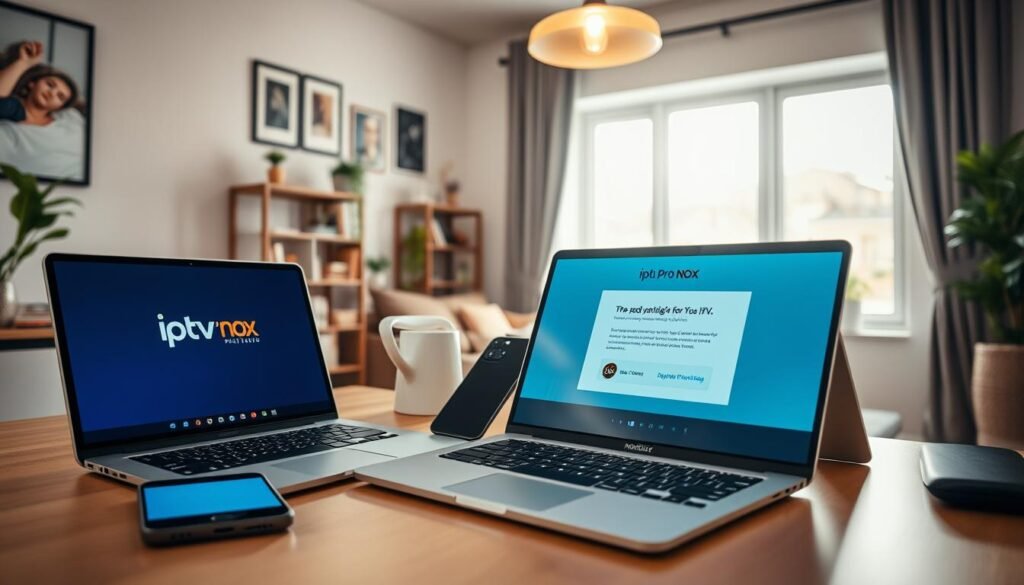 A modern home office setup showcasing the seamless integration of technology for rapid IPTV activation. In the foreground, a sleek laptop open with the "iptv pro nox" interface displayed, surrounded by a smartphone and a tablet, all indicating fast configuration. The middle ground features a well-organized desk with stylish stationery, showcasing a cozy yet professional atmosphere. In the background, a bright window lets in natural light, casting a warm glow across the room, emphasizing an inviting and efficient workspace. The lens captures the scene from a slightly elevated angle, providing a clear view of the devices in use. The mood is one of productivity and ease, highlighting the simplicity of setting up IPTV services across all platforms.