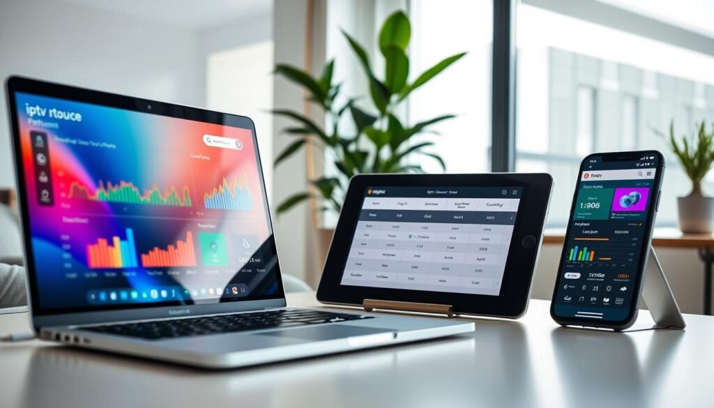 A modern, sleek workspace showcasing a digital comparison chart of IPTV services, focusing on "iptv pro nox". In the foreground, a high-tech laptop displays a vibrant interface with colorful graphs and performance metrics. To the right, a smartphone with a similar interface shows key features and ratings. In the middle, a sophisticated tablet highlights user reviews and a comparison table, emphasizing reliability. The background features a stylish office setting with soft lighting, incorporating a potted plant and minimalist decor for a professional yet inviting atmosphere. Shot from a slight angle that enhances depth, the space is well-lit to create a bright and engaging mood, reflecting the innovative and reliable essence of premium IPTV services for 2026.