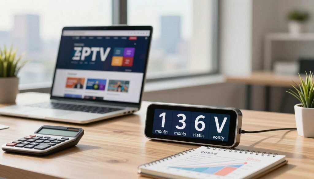 A professional and modern workspace illustrating the concept of IPTV subscription duration and long-term savings. In the foreground, a sleek digital clock displaying different subscription durations (one month, three months, six months, yearly) is surrounded by a stylized calculator and a notepad with graphs showing cost savings over time. In the middle ground, an organized desk with a laptop displaying an IPTV interface, alongside a small potted plant for a touch of greenery. The background features a softly blurred window revealing a city skyline under natural daylight, casting warm light that creates an inviting and optimistic atmosphere. The image should evoke a sense of clarity, professionalism, and purpose. A professional and modern workspace illustrating the concept of IPTV subscription duration and long-term savings. In the foreground, a sleek digital clock displaying different subscription durations (one month, three months, six months, yearly) is surrounded by a stylized calculator and a notepad with graphs showing cost savings over time. In the middle ground, an organized desk with a laptop displaying an IPTV interface, alongside a small potted plant for a touch of greenery. The background features a softly blurred window revealing a city skyline under natural daylight, casting warm light that creates an inviting and optimistic atmosphere. The image should evoke a sense of clarity, professionalism, and purpose.