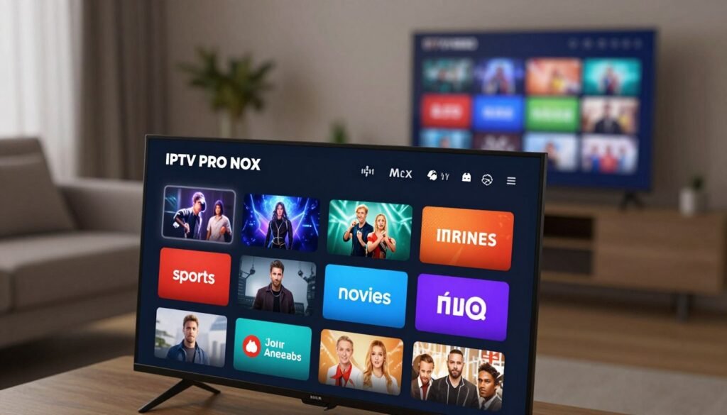 A sleek and modern digital interface showcasing premium IPTV streaming options titled "IPTV PRO NOX". In the foreground, an array of colorful channel categories is displayed, highlighting sports, movies, and entertainment with vibrant icons and high-definition visuals. The middle ground features a user-friendly navigation bar, emphasizing ease of use and accessibility. In the background, a blurred living room setting with a television displaying the IPTV interface adds a cozy atmosphere, illuminated by soft ambient lighting. The scene is viewed from a slightly elevated angle, creating a dynamic perspective. The overall mood conveys excitement and engagement, appealing to viewers seeking comprehensive IPTV solutions.