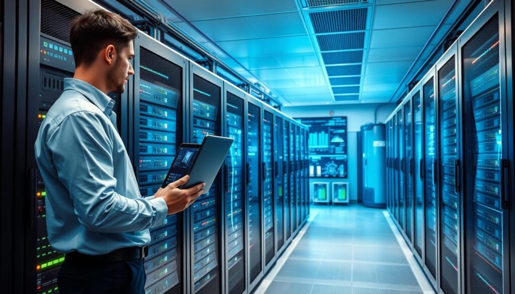 A sleek and modern server room filled with advanced technology, showcasing multiple rows of stable server racks with blinking LED lights, indicating high performance. In the foreground, a professional technician wearing business attire monitors the servers on a laptop, ensuring stability and security. The middle ground reveals high-tech screens displaying real-time data analytics and network status, emphasizing the efficiency of IPTV systems. The background features a softly lit environment with a blue color palette, creating a calming and secure atmosphere. The room is designed with geometric patterns for a futuristic feel, representing the reliability of "iptv pro nox" services. The lighting is bright yet soft, illuminating the servers while casting subtle shadows, adding depth to the composition. A sleek and modern server room filled with advanced technology, showcasing multiple rows of stable server racks with blinking LED lights, indicating high performance. In the foreground, a professional technician wearing business attire monitors the servers on a laptop, ensuring stability and security. The middle ground reveals high-tech screens displaying real-time data analytics and network status, emphasizing the efficiency of IPTV systems. The background features a softly lit environment with a blue color palette, creating a calming and secure atmosphere. The room is designed with geometric patterns for a futuristic feel, representing the reliability of "iptv pro nox" services. The lighting is bright yet soft, illuminating the servers while casting subtle shadows, adding depth to the composition.