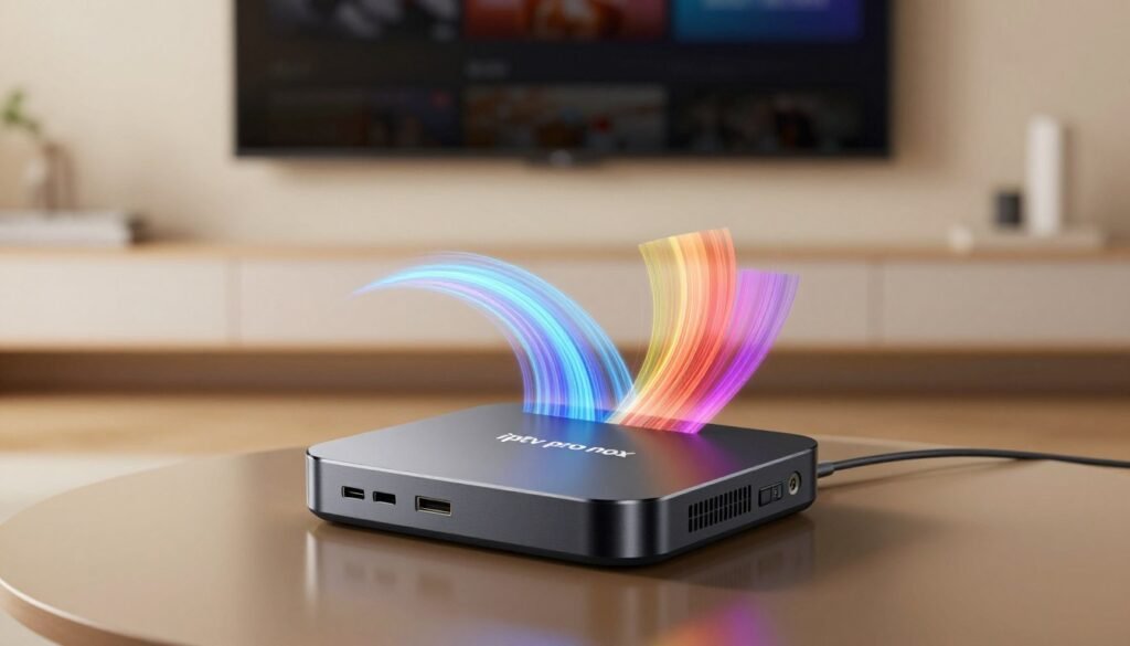 A sleek, modern IPTV box prominently displayed in the foreground, featuring an elegant design and the brand name "iptv pro nox" visible on the device. The box should be angled slightly to showcase its connectivity ports. In the middle ground, an abstract representation of streaming content flows seamlessly from the IPTV box, featuring vibrant, colorful elements symbolizing HD and 4K streaming quality. The background is a minimalist living room environment, softly lit with warm hues to create a cozy atmosphere, where a flat-screen TV can be seen mounted on the wall, emphasizing the use of the IPTV box. The image should capture a sense of cutting-edge technology and user-friendly entertainment, inviting the viewer into the world of advanced streaming solutions. A sleek, modern IPTV box prominently displayed in the foreground, featuring an elegant design and the brand name "iptv pro nox" visible on the device. The box should be angled slightly to showcase its connectivity ports. In the middle ground, an abstract representation of streaming content flows seamlessly from the IPTV box, featuring vibrant, colorful elements symbolizing HD and 4K streaming quality. The background is a minimalist living room environment, softly lit with warm hues to create a cozy atmosphere, where a flat-screen TV can be seen mounted on the wall, emphasizing the use of the IPTV box. The image should capture a sense of cutting-edge technology and user-friendly entertainment, inviting the viewer into the world of advanced streaming solutions.