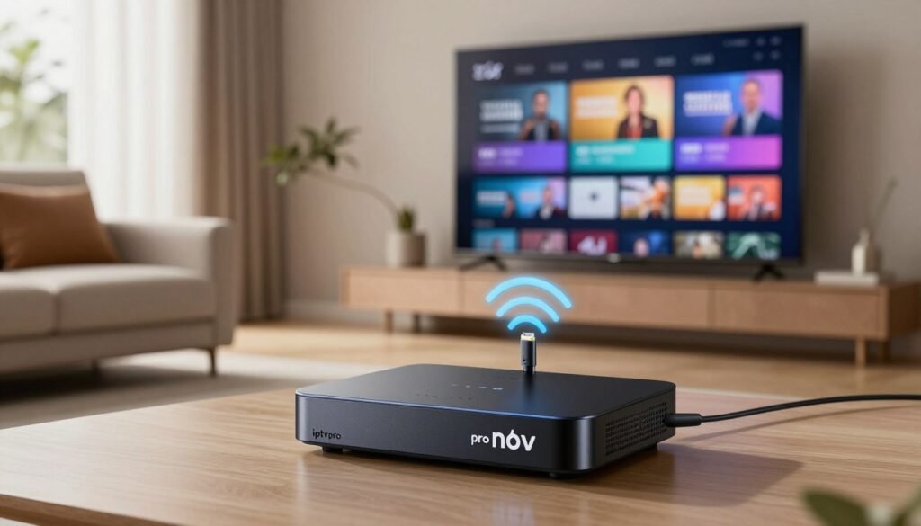 A sleek, modern living room scene featuring a high-tech IPTV setup with the "iptv pro nox" device prominently displayed. In the foreground, the device glows subtly with LED lights, indicating connectivity. The middle ground showcases a comfortable sofa facing a large, flat-screen TV displaying vibrant streaming content in HD and 4K resolution. Various Wi-Fi signal bars and Ethernet cables are artistically illustrated, symbolizing stability and speed in connection. The background features a well-lit room with neutral colors, creating a cozy, inviting atmosphere. Soft natural light filters in through a window, adding warmth to the setting. The overall mood conveys professionalism and modernity, emphasizing the importance of reliable streaming for an immersive viewing experience. A sleek, modern living room scene featuring a high-tech IPTV setup with the "iptv pro nox" device prominently displayed. In the foreground, the device glows subtly with LED lights, indicating connectivity. The middle ground showcases a comfortable sofa facing a large, flat-screen TV displaying vibrant streaming content in HD and 4K resolution. Various Wi-Fi signal bars and Ethernet cables are artistically illustrated, symbolizing stability and speed in connection. The background features a well-lit room with neutral colors, creating a cozy, inviting atmosphere. Soft natural light filters in through a window, adding warmth to the setting. The overall mood conveys professionalism and modernity, emphasizing the importance of reliable streaming for an immersive viewing experience.