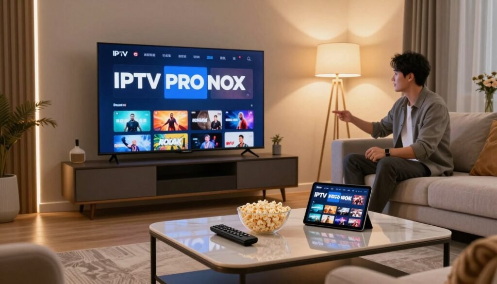 A sleek, modern living room scene featuring a stylish flat-screen TV displaying the logo "IPTV PRO NOX" prominently on its interface. The foreground showcases an elegantly designed coffee table with a remote control, popcorn bowl, and a tablet displaying various IPTV channel categories such as sports and movies. The middle ground features the comfortable sofa with plush cushions, and a well-dressed individual in smart casual attire, enthusiastically interacting with the TV. The background exudes a cozy ambiance with warm lighting emanating from elegant floor lamps and tasteful wall art. The scene is framed through a wide-angle lens to capture the quality of the setting, conveying the atmosphere of immersive entertainment and sophistication in high-definition streaming.