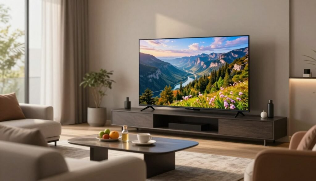 A sleek modern living room with a large flat-screen TV displaying a vibrant, high-definition image of a scenic landscape. In the foreground, a comfortable sofa with plush cushions invites viewers to relax. The middle ground features an elegant coffee table with refreshments, showcasing a cozy atmosphere. The background includes large windows allowing gentle, warm sunlight to filter in, enhancing the room's ambiance. Use a shallow depth of field to focus on the TV, emphasizing the image clarity and detail. The overall mood is inviting and serene, illustrating the importance of picture quality in enhancing the viewing experience, with soft shadows adding depth and warmth to the scene. A sleek modern living room with a large flat-screen TV displaying a vibrant, high-definition image of a scenic landscape. In the foreground, a comfortable sofa with plush cushions invites viewers to relax. The middle ground features an elegant coffee table with refreshments, showcasing a cozy atmosphere. The background includes large windows allowing gentle, warm sunlight to filter in, enhancing the room's ambiance. Use a shallow depth of field to focus on the TV, emphasizing the image clarity and detail. The overall mood is inviting and serene, illustrating the importance of picture quality in enhancing the viewing experience, with soft shadows adding depth and warmth to the scene.