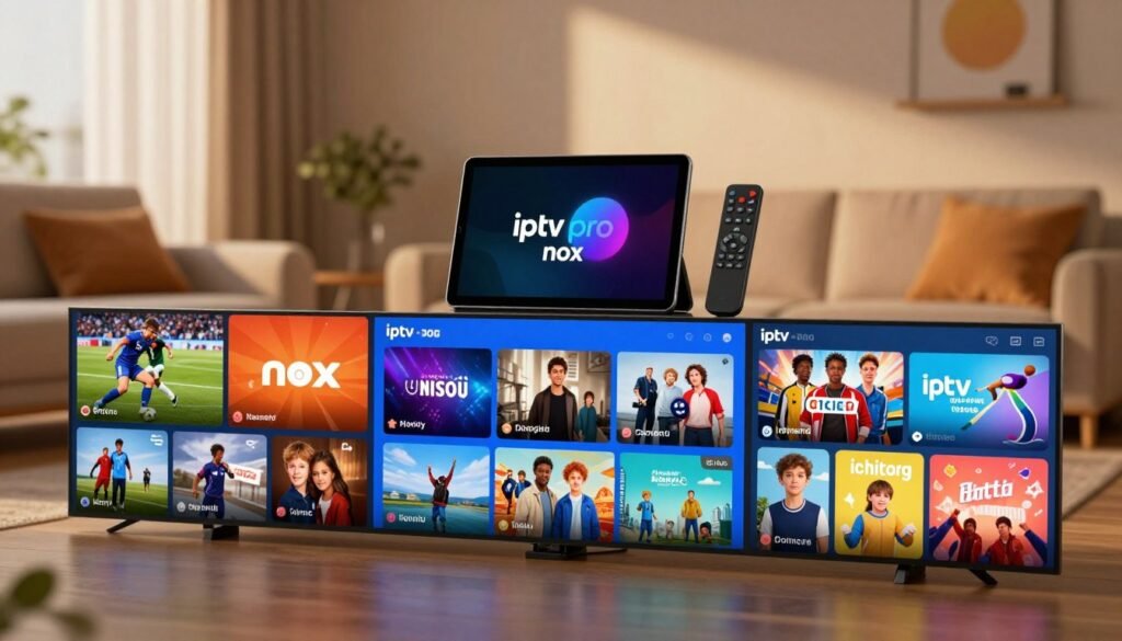 A colorful and modern digital display showcasing a diverse selection of IPTV channels and content from "iptv pro nox". In the foreground, vibrant screens exhibit various genres: sports, movies, documentaries, and children's programming, all visually represented with engaging thumbnails or icons. The middle ground features a sleek, futuristic tablet and a remote control, suggesting interactivity and ease of use. In the background, a stylish living room setting with warm lighting creates a welcoming atmosphere, with soft shadows highlighting plush seating and ambient wall decor. The image conveys a sense of excitement and reliability in streaming options, appealing to a tech-savvy audience. Soft focus lens effect enhances the inviting feel, ensuring clarity and detail in foreground elements without distractions.