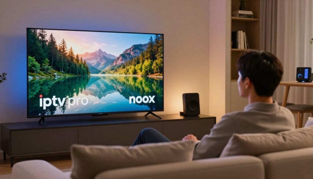 A high-definition streaming scene showcasing the user experience of “iptv pro nox”. In the foreground, a sleek, modern living room with a stylish flat-screen TV displaying vibrant 4K visuals of a serene nature scene. The TV screen glows with rich colors, reflecting exceptional picture quality. In the middle, a comfortable couch adorned with plush cushions, a user attentively watching the screen, dressed in professional attire, embodying a relaxed yet sophisticated atmosphere. The background features softly lit ambient lighting, enhancing the cozy feel, with a bookshelf and digital devices hinting at advanced technology. Warm colors and a calm, inviting mood depict reliability and viewer satisfaction, perfect for illustrating streaming quality and server reliability in 2026.