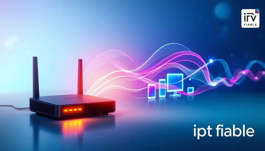 A high-tech, dynamic illustration of "bande passante" in an abstract form, showcasing flowing data streams represented by colorful, luminous waves that signify bandwidth. In the foreground, a minimalist router emits a soft glow, symbolizing internet connectivity, while in the middle ground, various device icons (TV, computer, smartphone) are interconnected through these vibrant data streams. The background features a gradient of blues and greens, evoking a sense of digital space, enhancing the focus on the bandwidth imagery. Soft lighting reflects off the devices, creating an immersive atmosphere. The mood is energetic and modern, emphasizing the importance of quality streaming. Include a subtle brand logo for "iptv fiable" in the corner for branding without distracting from the main illustration.