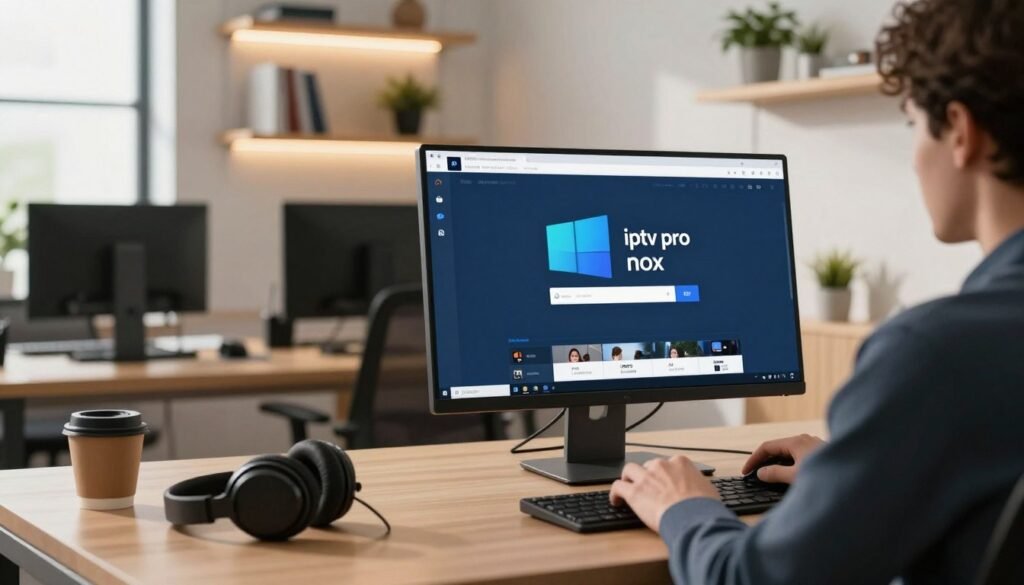 A modern PC setup in a professional office environment showcasing the installation of "iptv pro nox". In the foreground, a computer screen displays the Nox IPTV application with a sleek, user-friendly interface featuring the logo prominently. A person, dressed in smart casual attire, is interacting with the application, focused and engaged. In the middle, a desk cluttered with essential tech accessories like headphones, a keyboard, and a mouse, alongside a coffee cup, creates a homely yet professional atmosphere. The background features a well-lit room with soft LED lights, wooden shelves displaying tech books, and potted plants, contributing to a vibrant yet calming mood. Soft shadows and natural light streaming through a window enhance the inviting ambiance, making the viewer feel inspired to explore Nox IPTV on Windows.