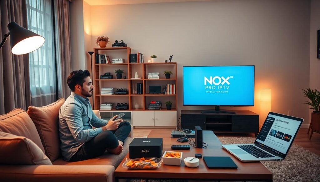 A modern, cozy living room setting with a sleek television displaying the Nox Pro IPTV logo. In the foreground, a focused person in business casual attire sits cross-legged on a comfortable couch, using a remote control while intently watching the screen. A nearby coffee table holds an IPTV setup box, some snacks, and an open laptop showing the Nox Pro IPTV installation guide. The middle of the room features an inviting ambiance with warm lighting emanating from stylish floor lamps. In the background, shelves display books, decorative plants, and tech gadgets, enhancing a sense of modern lifestyle. The overall mood is engaging and informative, capturing the essence of installing an IPTV app in a relaxed home environment.