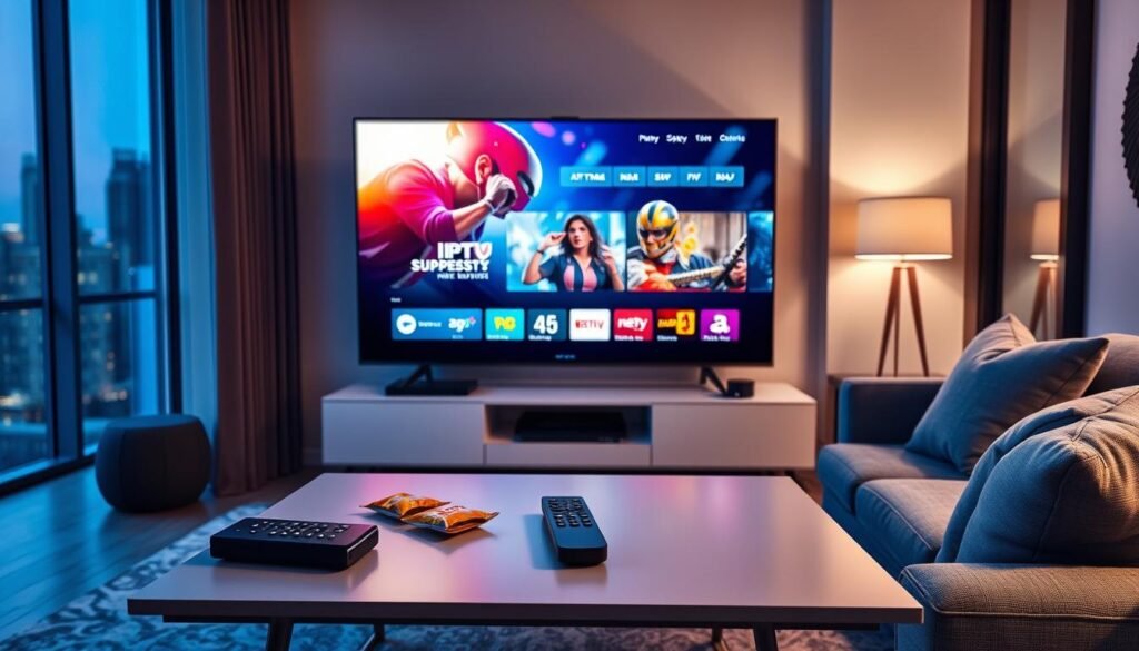 A modern living room scene showcasing a high-definition television displaying vibrant imagery of IPTV Nox Pro’s user interface. In the foreground, a sleek coffee table holds a remote control and snacks, while a comfortable, stylish couch invites relaxation. The middle ground features the large TV, with sharp, vivid colors demonstrating the video quality, including crisp details of an action-packed scene. Soft ambient lighting bathes the room, casting warm glows that create an inviting atmosphere. The background reveals a partially open window with city skyline views, adding a layer of depth. The overall mood is professional and engaging, highlighting the advanced technology of IPTV Nox Pro in a contemporary, cozy setting.
