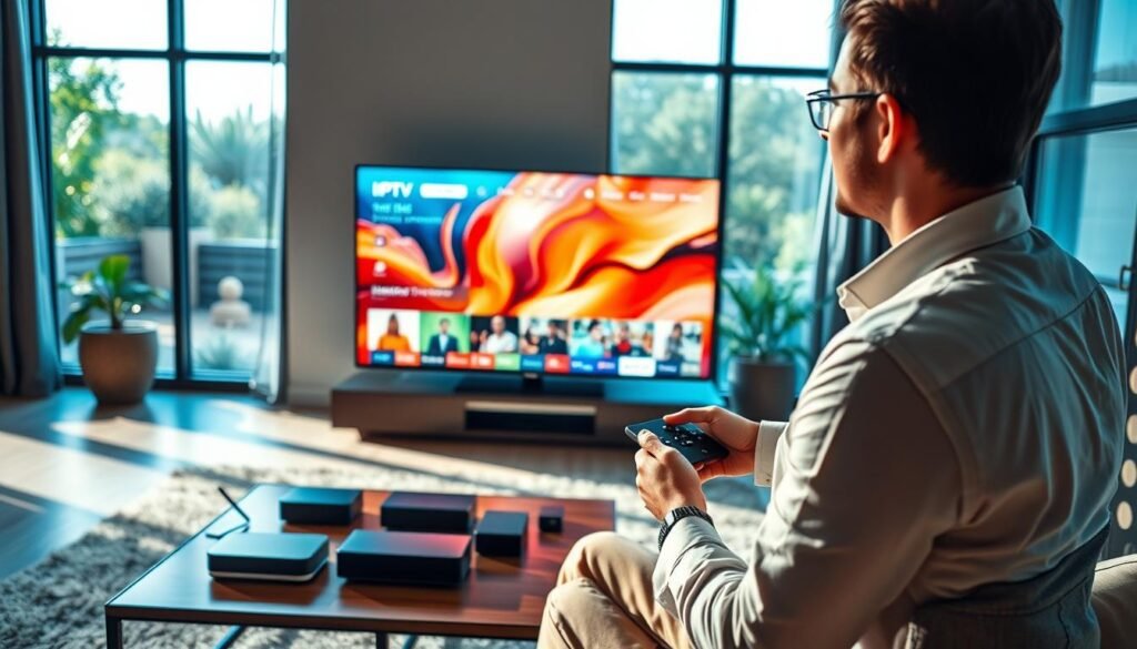 A modern living room setting showcasing the concept of streaming quality, featuring a sleek, high-resolution television displaying vibrant, crystal-clear images. In the foreground, a well-dressed individual, perhaps in a smart casual outfit, holds a remote control, engaged in selecting content, embodying a sense of excitement and anticipation. The middle layer includes a stylish coffee table with streamers and gadgets neatly arranged, alluding to various streaming options. In the background, large windows allow natural light to pour in, creating a warm, inviting atmosphere. Soft shadows enhance the details of the furniture, while a hint of greenery outside adds freshness. The overall mood should feel contemporary and sophisticated, highlighting the essential elements of "qualité streaming" with a subtle promotion of "iptv fiable".