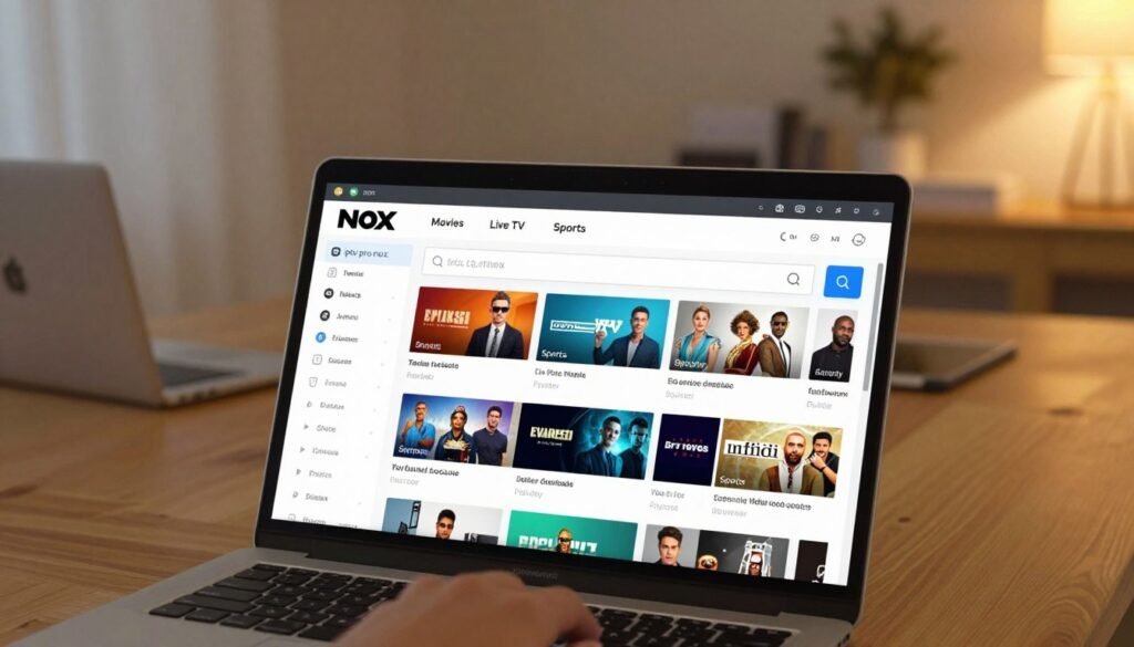 A modern, sleek Nox IPTV interface displayed on a Windows desktop. The foreground features an organized layout of vibrant streaming channels and a prominent search bar, showcasing a user-friendly design. In the middle, an interactive menu highlights categories such as Movies, Live TV, and Sports, with thumbnail images of popular shows. The background features a blurred view of a cozy home workspace, with a laptop on a wooden desk, illuminated by warm, soft lighting, creating a welcoming atmosphere. The scene is captured from a slight angle to emphasize the interface while maintaining focus on the "iptv pro nox" branding. The overall mood is contemporary and tech-savvy, ideal for a professional audience interested in IPTV applications.