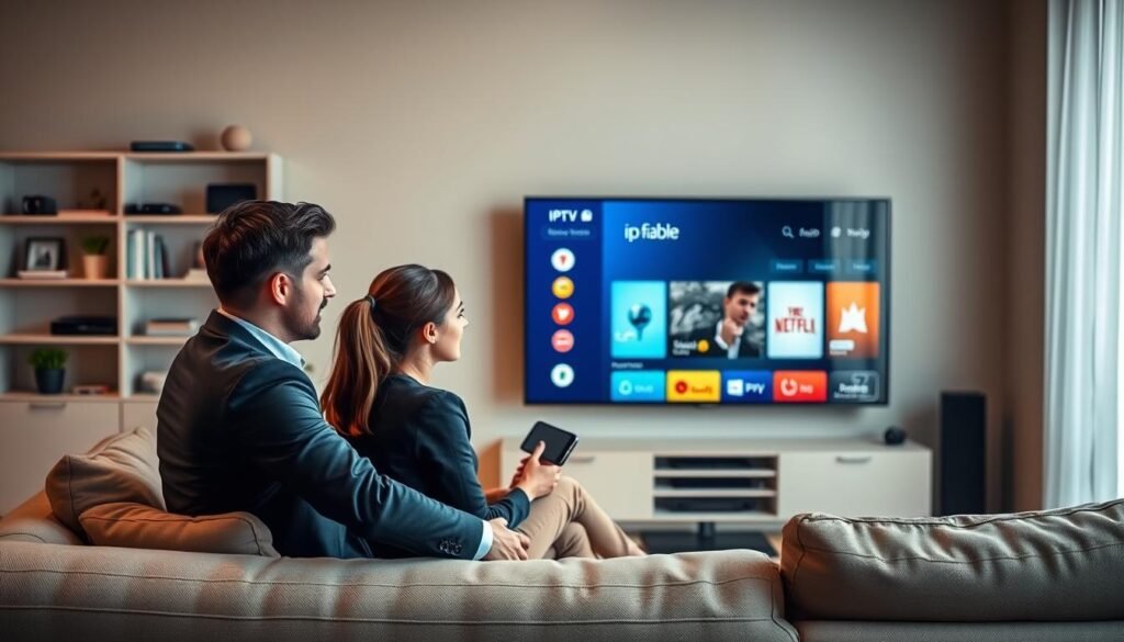 A modern, sleek living room setup showcasing a large smart TV displaying IPTV options in high-definition. In the foreground, a young professional couple, dressed in smart casual attire, sit on a stylish sofa, engaged in selecting their ideal IPTV operator. The background features a wall-mounted bookshelf with tech gadgets, creating a cozy yet sophisticated atmosphere. Soft, warm lighting illuminates the room, highlighting the couple's expressions of curiosity and excitement. A subtle focus on a digital interface labeled "iptv fiable" appears on the TV screen, emphasizing the decision-making process. The overall mood should convey a sense of comfort and modernity, representing the future of entertainment in French households.