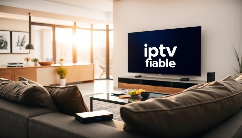 A sleek, modern living room with a large flat-screen TV displaying the "iptv fiable" logo prominently. In the foreground, a comfortable sofa with a few high-tech devices, such as a streaming box and a smartphone, highlighting the IPTV connection setup. The middle ground features a stylish coffee table with a remote control and snacks, creating a relaxed viewing atmosphere. In the background, a large window with natural sunlight streaming in, adding a warm glow to the room. The lighting is bright yet soft, evoking a cozy ambiance perfect for relaxing while enjoying IPTV. The overall mood is inviting and tech-savvy, emphasizing the optimization of IPTV connections for an uninterrupted entertainment experience.
