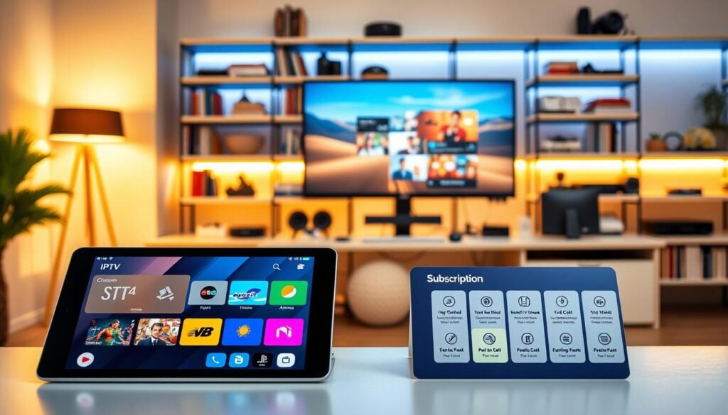 A vibrant and informative scene depicting the distinction between an IPTV application and an IPTV subscription. In the foreground, a sleek tablet displaying a colorful IPTV application interface, showcasing various channels and streaming options. Beside it, a digital subscription card highlighting subscription features with attractive icons. In the middle ground, a spacious, modern workspace featuring a desktop computer with IPTV content visible on the screen. The background includes shelves filled with books and tech gadgets, creating a tech-savvy ambiance. Warm, inviting lighting casts a soft glow, enhancing the professional atmosphere. The image should convey clarity and organization, illustrating the functional differences between the IPTV application and subscription seamlessly without any text or distractions.