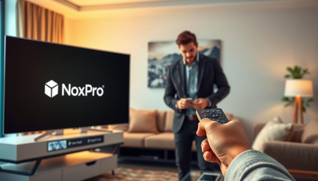 A visually engaging and informative illustration depicting the simple activation steps for IPTV Nox Pro. In the foreground, feature a modern television screen displaying the Nox Pro logo, with a user interface visible, showing highlighted menu options for installation. In the middle ground, include a person in smart casual attire, concentrated as they navigate the settings on a wireless remote control. The background should showcase a cozy living room setup with a stylish couch and ambient lighting, creating a relaxed atmosphere. Use warm lighting to enhance a welcoming feel, and apply a shallow depth of field to emphasize the interaction between the user and the TV interface while keeping the environment soft and inviting.