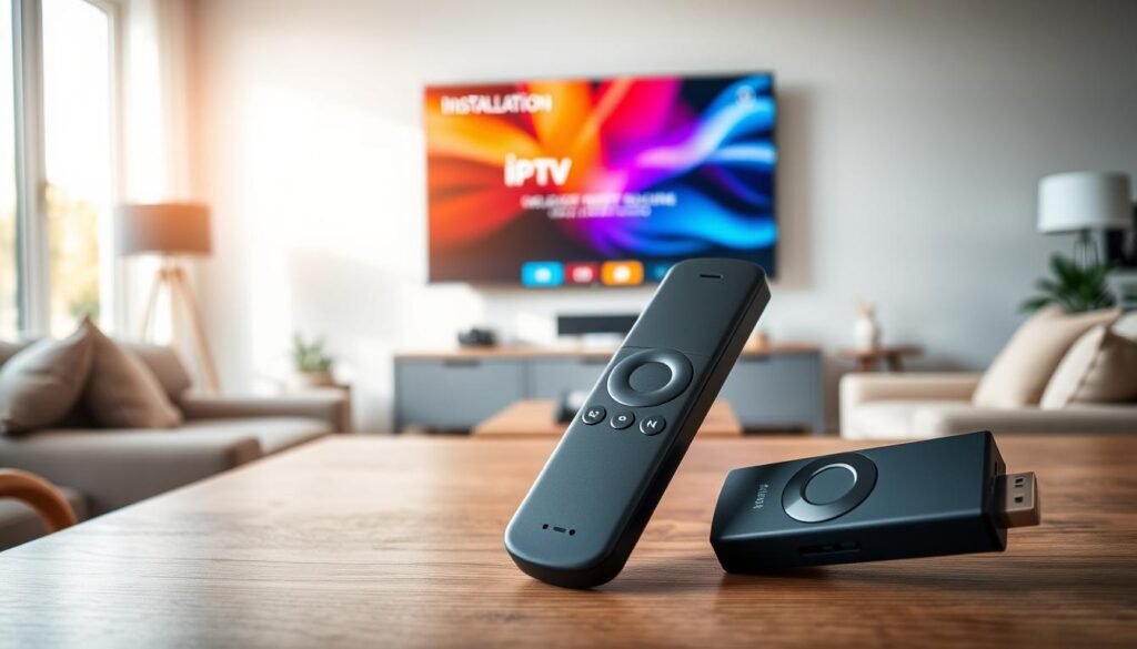 A close-up shot of a sleek Amazon Fire Stick remote control on a modern wooden table, emphasizing its activation options. In the foreground, the remote is prominently displayed, showcasing buttons for navigation and settings. The middle layer features a bright and clean living room setting, with a large flat-screen TV in the background displaying an abstract, colorful installation screen that hints at IPTV setup. Soft, natural light streams in from a nearby window, creating a warm and inviting atmosphere. The room is tastefully decorated, with cozy furniture and subtle tech gadgets, evoking a sense of readiness for entertainment and streaming, while maintaining an air of sophistication. The image should capture a professional and informative mood without any text or branding elements.