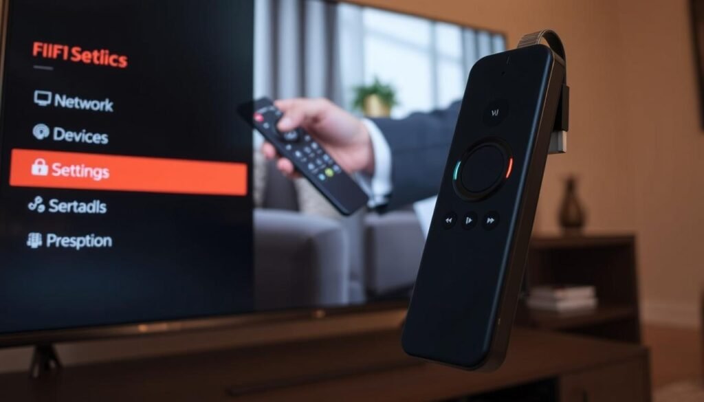 A close-up view of a Fire TV Stick device being configured on a sleek television interface. In the foreground, the Fire TV Stick is plugged into an HDTV, displaying the settings menu with icons for 'Network,' 'Device,' and 'Settings' illuminated. The middle layer features a hand in professional attire navigating a remote control, symbolizing user interaction with the device. The background shows a cozy living room with soft lighting, highlighting a modern TV stand adorned with a few decorative items. The entire scene has a warm, inviting atmosphere, emphasizing the ease of setting up IPTV on a Fire Stick. The lighting is soft and warm, creating an approachable and user-friendly vibe.