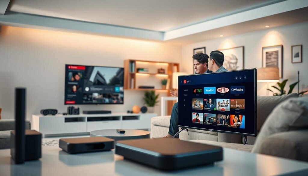 A dynamic scene illustrating the concept of IPTV services focused on adults. In the foreground, a modern living room is equipped with advanced streaming devices, a stylish TV displaying an IPTV interface filled with various channel options. In the middle ground, a couple dressed in smart casual attire is comfortably engaged with the content, using a remote control. The background features a well-lit space with soft, inviting lighting and contemporary decor, including bookshelves and art pieces that reflect modernity. The atmosphere is relaxed yet tech-savvy, showcasing an inviting environment for enjoying premium IPTV services. The composition should evoke a sense of sophistication and convenience, highlighting the compatibility and offers available for adult audiences.