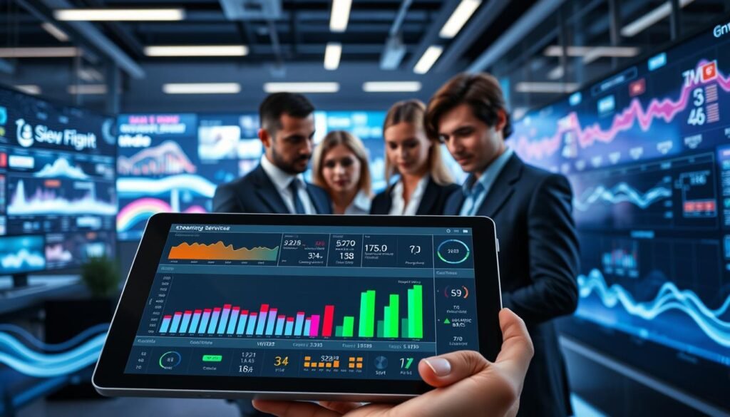 A futuristic digital interface showcasing a streaming service performance dashboard. In the foreground, a sleek tablet displays various graphs and metrics, highlighting uptime statistics and SLA performance indicators in vibrant colors. The middle scene features a diverse group of professionals in business attire, engaged in a discussion around the tablet, with focused expressions. In the background, a high-tech office environment is visible, filled with screens showing real-time data and analytics flowing like a digital river, illuminated by soft blue and neon lights. The mood is serious yet innovative, emphasizing reliability and transparency in streaming services. The composition should be well-lit, with a focus on clarity and professionalism.