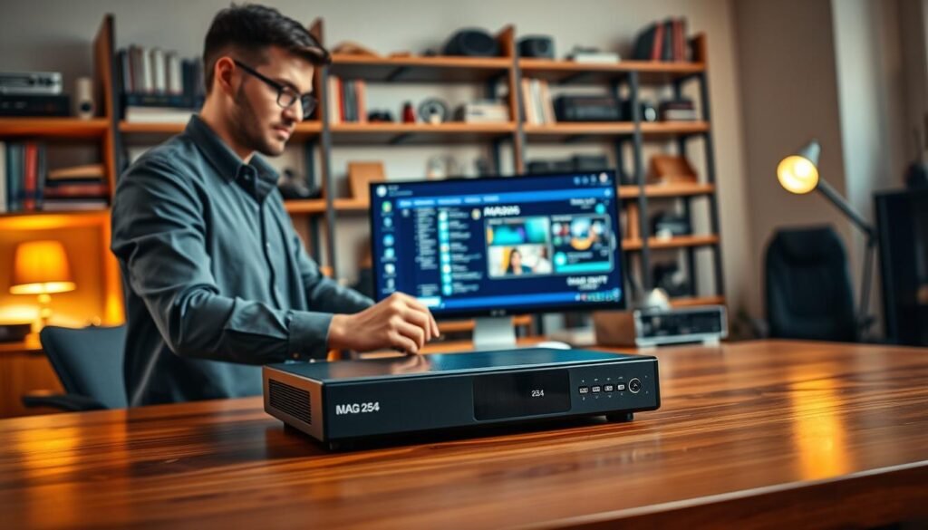 A high-tech, sleek home office setup featuring a MAG 254 IPTV box prominently displayed on a polished wooden desk. In the foreground, a professional-looking individual in business casual attire is adjusting the device, focused and engaged. The middle layer showcases a modern computer monitor with a bright, user-friendly IPTV interface visible. To the background, soft-focus shelves filled with technical books and gadgets create an atmosphere of advanced technology and optimization expertise. The lighting is warm and inviting, a combination of natural light and soft desk lamps casting gentle shadows. The overall mood is focused and innovative, embodying a sense of advanced IPTV configuration and efficiency.