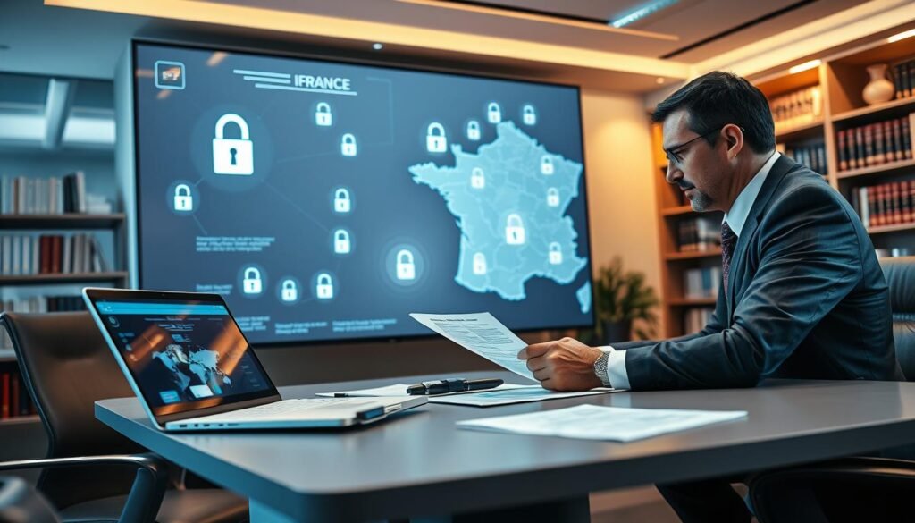 A modern digital office environment focused on the legal aspects of IPTV security in France. In the foreground, a professional lawyer dressed in business attire analyzes complex legal documents and regulations on a sleek desk with a laptop displaying IPTV interfaces. The middle ground features a large screen showing a map of France, with icons representing legal compliance and security elements, like locks and shields, to reinforce the theme of protection and legality. The background includes bookshelves filled with legal books and resource materials, softly lit with warm overhead lighting to create a focused atmosphere. The overall mood is serious and professional, capturing the essence of legal scrutiny in the IPTV landscape. The angle is slightly tilted to emphasize the dynamic workspace.