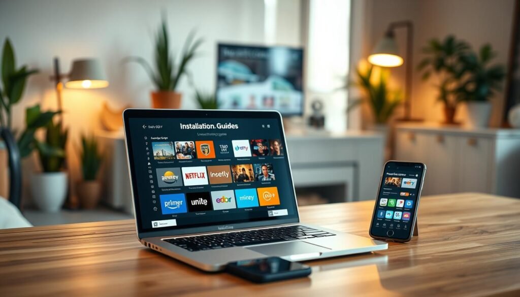 A modern workspace featuring a sleek laptop showcasing user-friendly installation guides for multi-room IPTV applications. In the foreground, a well-organized desk with a high-quality laptop open to a visually appealing interface, displaying compatible app icons like Netflix and Prime Video. A tablet and smartphone are beside it, both showcasing the same interface, symbolizing multi-device functionality. In the middle background, a softly lit room with potted plants and modern decor, creating a cozy yet professional atmosphere. The lighting is warm and inviting, highlighting the tech devices. Capture the scene from a slight angle to emphasize depth, with a focus on clarity and detail in the applications. The overall mood is focused, innovative, and tech-savvy.