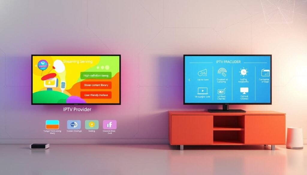 A side-by-side comparison of two distinct IPTV providers represented in a vibrant, infographic style. On the left, an illustration of a modern streaming service showcasing advantages: high-definition viewing, diverse content library, and user-friendly interface, depicted with bright and inviting colors. On the right, the challenges associated with an IPTV provider, illustrating drawbacks such as buffering icons, limited channel availability, and high subscription costs, rendered in more muted tones. The foreground includes simplified icons of devices like TVs and tablets to symbolize streaming. The background features a minimalist tech-inspired design, adding to the contemporary feel. Soft lighting enhances the clarity, while a slightly elevated angle provides depth to the composition, conveying a professional atmosphere.