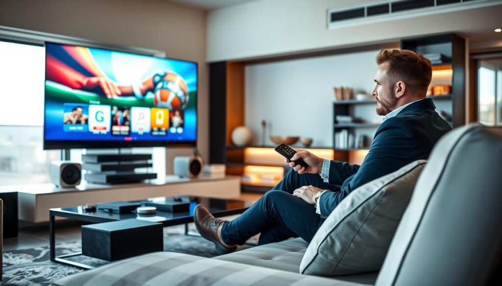 A sleek, modern living room with a large, high-definition television displaying vibrant IPTV content. In the foreground, a person dressed in smart casual attire sits comfortably on a stylish sofa, using a MAG device remote with a focused expression. The middle ground features a contemporary coffee table with a few tech gadgets and a sophisticated speaker system, symbolizing advanced technology. The background showcases a well-lit shelf with books and decorative items, creating a cozy yet high-tech atmosphere. Soft, natural light filters in through large windows, illuminating the space and enhancing the feeling of stability and comfort. The overall mood is one of ease and reliability, reflecting the unmatched stability of the Stalker system.