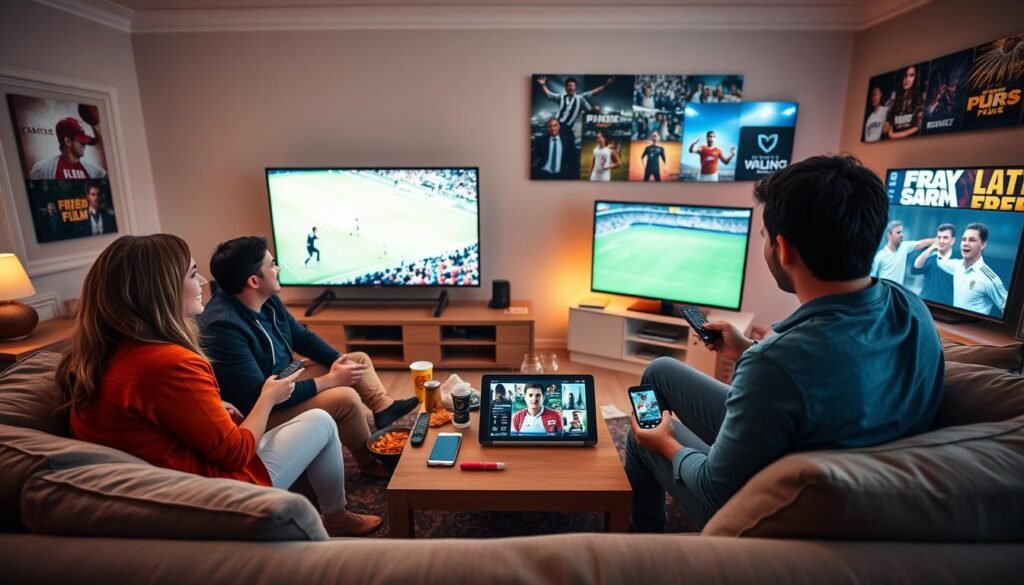 A vibrant living room scene featuring a family enjoying a multi-device IPTV experience. In the foreground, a cozy sofa with a diverse group of three individuals—two adults in smart casual attire and a teenager—watching a 65-inch TV displaying an exciting sports event, surrounded by snacks. In the middle, a coffee table cluttered with remote controls, a tablet showing a lineup of movies and series, and a smartphone streaming highlights. In the background, a warm, inviting atmosphere created by soft, ambient lighting, with digital art representing various sports, films, and TV shows on the walls. The mood is energetic and fun, emphasizing the rich content available through IPTV. Use a slightly overhead angle to capture the entire scene, ensuring a lively and engaging composition.