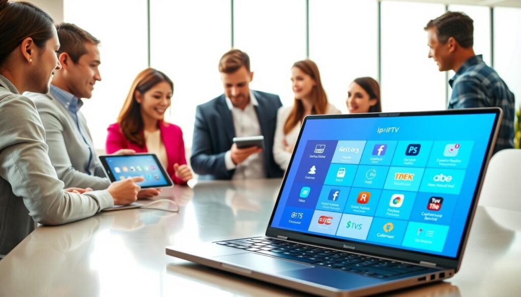 A visually engaging composition depicting the essential criteria for choosing the best IPTV subscription. In the foreground, a diverse group of professional individuals, dressed in smart casual attire, are gathered around a sleek conference table, engrossed in discussion over a digital tablet showcasing IPTV features and comparisons. In the middle ground, an open laptop displays a vibrant interface of various streaming platforms with icons representing quality, selection, price, and customer service. The background features a modern, well-lit office environment with large windows, allowing natural light to filter in. Soft, inviting colors create a focused yet relaxed atmosphere, emphasizing collaboration and informed decision-making. The scene suggests clarity, professionalism, and technology, focusing on the theme of understanding IPTV subscription criteria.