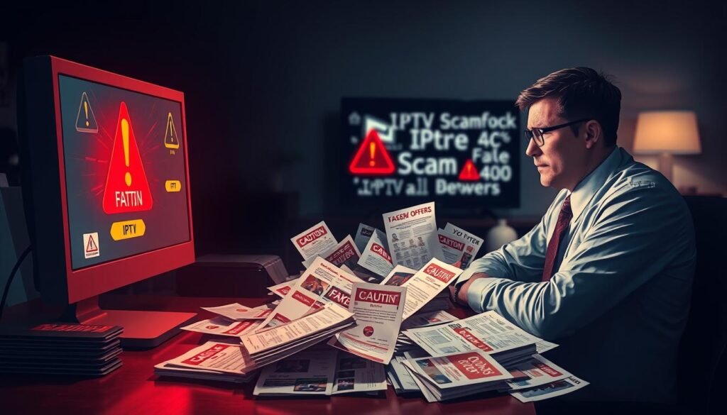 A visually striking illustration depicting the theme of IPTV scam signals. In the foreground, a computer screen displays flashing red warning symbols like exclamation marks and caution signs, suggesting fraudulent activity. A person in professional business attire sits at the desk, intently studying the screen with a concerned expression. In the middle ground, an array of cluttered paperwork includes fake offers and advertising flyers, emphasizing the chaos of scam offers. The background features dim lighting, casting a mysterious atmosphere, with a blurred silhouette of a TV displaying static. The overall mood is intense and cautionary, invoking a sense of urgency and awareness about IPTV scams. Use a soft focus lens to enhance the sense of unease.