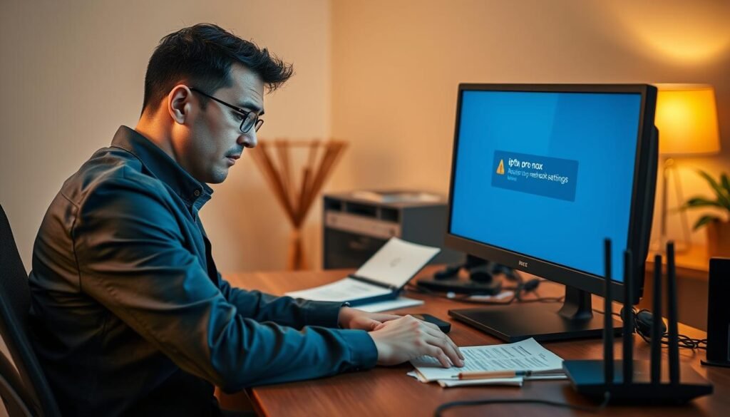 A focused scene depicting a frustrated user sitting at a desk, dressed in smart casual attire, intently working on restoring network settings for their IPTV system. In the foreground, a modern computer monitor displays an error message related to the "iptv pro nox" application. The middle ground features a well-organized desk cluttered with troubleshooting manuals, notes, and a smartphone, while a high-tech router and modem are visible, indicating efforts to adjust network parameters. The background is softly blurred to emphasize the user’s determined expression, with warm, ambient lighting creating an atmosphere of a problem-solving moment. The image captures the essence of reinstallation and network adjustment in a domestic tech environment, free of any text or distractions.