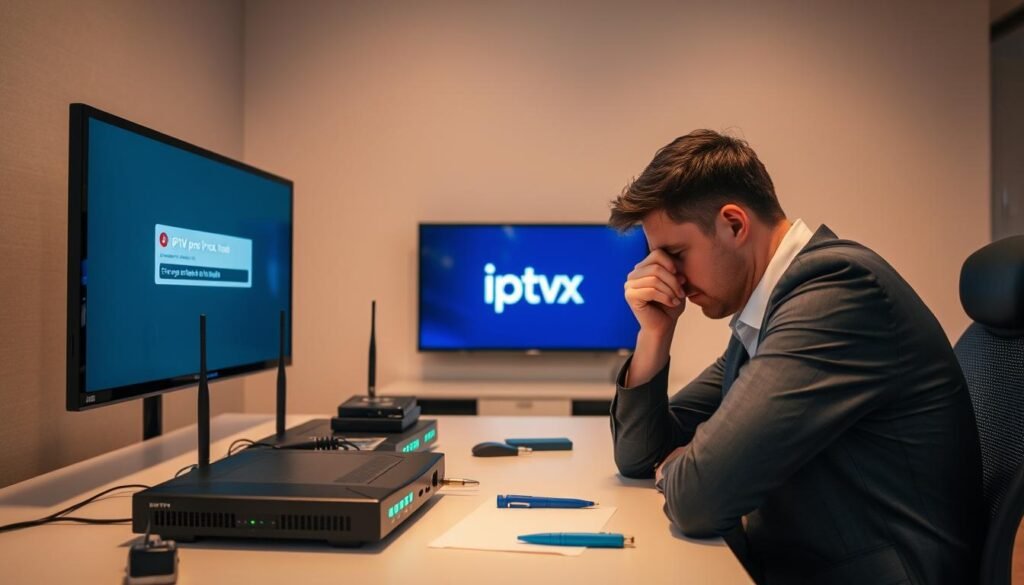 A frustrated user sitting at a modern desk, focused on fixing IPTV issues with a TV screen displaying an error message. In the foreground, the user, dressed in smart casual attire, is intently examining a router setup. The middle section includes an array of networking equipment, with bright LED lights indicating activity. In the background, a wall-mounted television shows the "iptv pro nox" logo, subtly hinting at the brand. The room is well-lit with soft, warm lighting creating a professional yet slightly tense atmosphere, suitable for troubleshooting technology problems. A few scattered tools and notes are visible, emphasizing the task of configuring and changing DNS settings to improve the connection. The composition highlights a sense of determination and problem-solving amidst the technical setup.