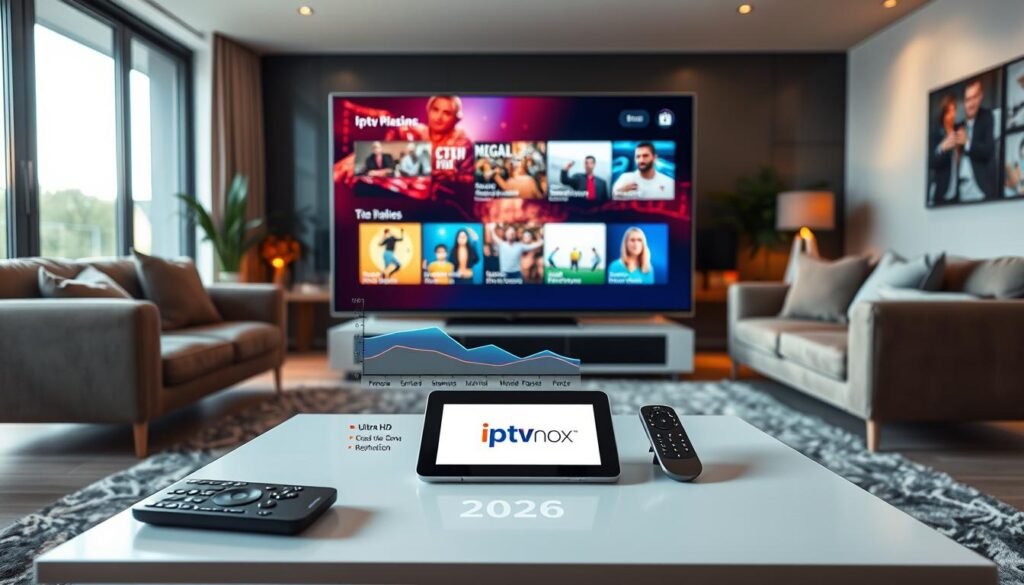 A high-tech living room showcasing the latest IPTV 4K technology for France in 2026. In the foreground, a sleek smart television displays vibrant Ultra HD content with a graph showcasing updated technical features, such as improved streaming speeds and enhanced resolution. In the middle, a stylish coffee table is adorned with modern remote controls and a tablet displaying the "iptv pro nox" logo. The background features a cozy seating arrangement with plush sofas and ambient lighting, creating a warm, inviting atmosphere. Use natural daylight streaming through large windows, emphasizing a futuristic yet comfortable vibe. Capture the scene from a slight angle, focusing on the integration of technology in a contemporary living space, promoting a sense of advancement and innovation.