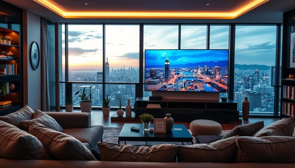 A modern living room showcasing the advantages of traditional IPTV services, featuring a large, sleek 4K television displaying stunning Ultra HD visuals. In the foreground, a comfortable sofa with stylish cushions invites relaxation, and a low coffee table holds a remote labeled "iptv pro nox". The middle ground includes decorative elements like potted plants and a bookshelf filled with entertainment options, reinforcing the inviting atmosphere. The background is a large window revealing a scenic view of a vibrant city landscape, bathed in warm evening light, enhancing the cozy mood. The angle captures the room's plush decor and technological sophistication, evoking the future of home entertainment in 2026.