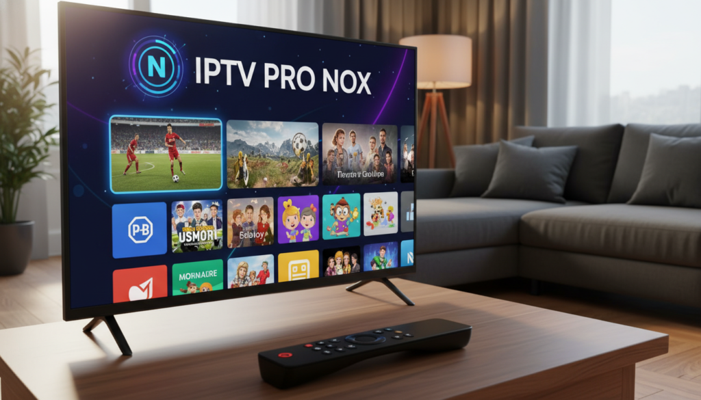 A sleek and modern Android TV home screen showcasing the IPTV PRO NOX application, prominently displayed in the foreground with a vibrant user interface. Below, a user-friendly remote control is partially visible, emphasizing ease of use. In the background, a cozy living room setting with a stylish sofa and ambient lighting creates a warm atmosphere. Soft, natural light filters through a window, enhancing the inviting mood. The TV screen shows colorful streaming content thumbnails, representing various channels and shows available via IPTV PRO NOX. The composition captures a sense of modern technology and comfort, making it relatable for viewers interested in IPTV solutions. A sleek and modern Android TV home screen showcasing the IPTV PRO NOX application, prominently displayed in the foreground with a vibrant user interface. Below, a user-friendly remote control is partially visible, emphasizing ease of use. In the background, a cozy living room setting with a stylish sofa and ambient lighting creates a warm atmosphere. Soft, natural light filters through a window, enhancing the inviting mood. The TV screen shows colorful streaming content thumbnails, representing various channels and shows available via IPTV PRO NOX. The composition captures a sense of modern technology and comfort, making it relatable for viewers interested in IPTV solutions.