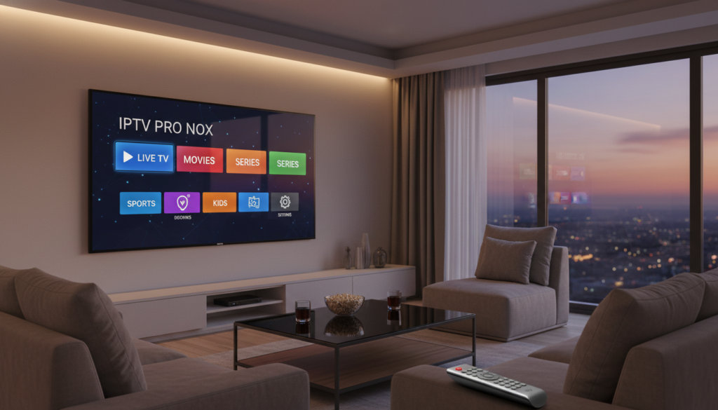 A sleek, modern living room scene showcasing a large flat-screen TV displaying the user interface of IPTV PRO NOX, featuring vibrant, easy-to-navigate menus filled with streaming options. The foreground includes a stylish coffee table with a remote control and snacks, conveying a relaxed entertainment setting. In the middle, the TV stands out as the focal point, surrounded by comfortable seating with plush cushions, inviting viewers to enjoy a seamless viewing experience. The background is softly illuminated by warm ambient lighting, enhancing the cozy atmosphere, while a window reveals a tranquil evening outside. The entire image conveys a sense of premium, user-friendly technology, reflecting the advanced features of IPTV PRO NOX in a visually appealing and inviting way. A sleek, modern living room scene showcasing a large flat-screen TV displaying the user interface of IPTV PRO NOX, featuring vibrant, easy-to-navigate menus filled with streaming options. The foreground includes a stylish coffee table with a remote control and snacks, conveying a relaxed entertainment setting. In the middle, the TV stands out as the focal point, surrounded by comfortable seating with plush cushions, inviting viewers to enjoy a seamless viewing experience. The background is softly illuminated by warm ambient lighting, enhancing the cozy atmosphere, while a window reveals a tranquil evening outside. The entire image conveys a sense of premium, user-friendly technology, reflecting the advanced features of IPTV PRO NOX in a visually appealing and inviting way.