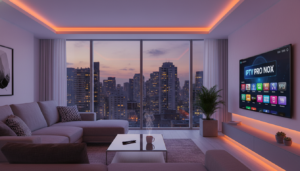 A sleek, modern living room with a large, flat-screen television displaying the logo "IPTV PRO NOX" prominently in the center, surrounded by vibrant streaming options. In the foreground, a comfortable sofa with stylish cushions invites viewers to relax. On a sleek coffee table, there is a remote control and a steaming cup of coffee, symbolizing comfort and ease of use. Soft, ambient lighting creates a cozy atmosphere, while a large window in the background reveals a serene view of a city skyline at dusk, casting a warm glow. The overall mood conveys stability and reliability in IPTV services, emphasizing the premium quality of IPTV PRO NOX as a user-friendly choice.
