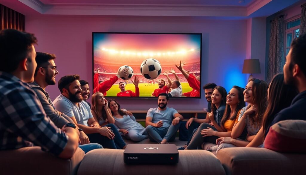 A vibrant living room scene showcasing a group of diverse fans, dressed in casual attire, gathered around a large, high-definition TV displaying a thrilling 4K soccer match. The screen vividly shows a soccer ball in mid-air, capturing the excitement of the World Cup 2026 atmosphere. In the background, stadium lights create a warm glow, enhancing the sense of energy and anticipation. The atmosphere is cheerful and focused, with expressions of joy and excitement on the fans' faces. Near the couch, a stylish device shows the "france iptv pro" logo, symbolizing high-speed internet streaming. Soft lighting cascades gently over the scene, inviting viewers into this immersive experience, emphasizing the quality of internet connection for seamless streaming. A vibrant living room scene showcasing a group of diverse fans, dressed in casual attire, gathered around a large, high-definition TV displaying a thrilling 4K soccer match. The screen vividly shows a soccer ball in mid-air, capturing the excitement of the World Cup 2026 atmosphere. In the background, stadium lights create a warm glow, enhancing the sense of energy and anticipation. The atmosphere is cheerful and focused, with expressions of joy and excitement on the fans' faces. Near the couch, a stylish device shows the "france iptv pro" logo, symbolizing high-speed internet streaming. Soft lighting cascades gently over the scene, inviting viewers into this immersive experience, emphasizing the quality of internet connection for seamless streaming.