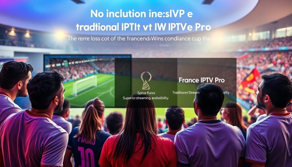 A vibrant scene showcasing the comparison between traditional IPTV and "France IPTV Pro" during the World Cup 2026. In the foreground, a group of enthusiastic fans, dressed in casual soccer jerseys, gather around a large TV displaying an exciting soccer match, with vivid colors reflecting the energy of the game. Their expressions are filled with joy and anticipation. In the middle, a sleek graphic representation illustrates key features of traditional IPTV versus "France IPTV Pro," highlighting superior streaming quality and reliability. The background features a packed stadium with cheering fans, colorful flags waving, creating a lively atmosphere. Soft, ambient lighting enhances the excitement, while a wide-angle view captures the dynamic engagement of sports fans. The overall mood is festive and energetic, perfectly suited for the World Cup. A vibrant scene showcasing the comparison between traditional IPTV and "France IPTV Pro" during the World Cup 2026. In the foreground, a group of enthusiastic fans, dressed in casual soccer jerseys, gather around a large TV displaying an exciting soccer match, with vivid colors reflecting the energy of the game. Their expressions are filled with joy and anticipation. In the middle, a sleek graphic representation illustrates key features of traditional IPTV versus "France IPTV Pro," highlighting superior streaming quality and reliability. The background features a packed stadium with cheering fans, colorful flags waving, creating a lively atmosphere. Soft, ambient lighting enhances the excitement, while a wide-angle view captures the dynamic engagement of sports fans. The overall mood is festive and energetic, perfectly suited for the World Cup.