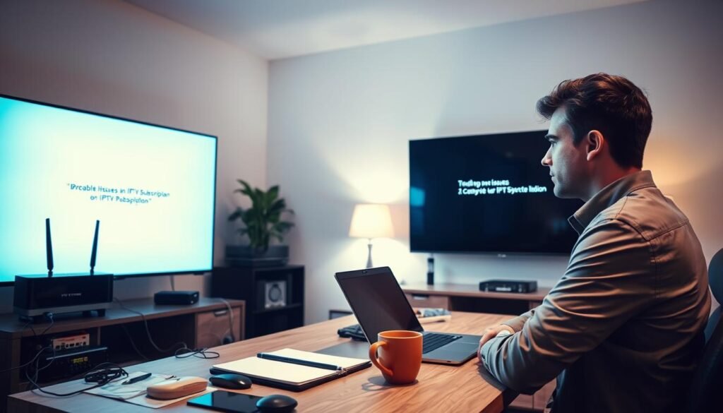 A well-lit home office setting where a frustrated user in smart casual attire is troubleshooting their IPTV service. In the foreground, the user is focused on a large TV screen displaying an error message indicating issues with the IPTV subscription for "iptv pro nox." Beside the TV, a modern router and modem are visible, with various cables extending from them, hinting at a technical setup. The middle ground features a cluttered yet organized desk with a laptop, notepad, and a coffee mug, conveying the chaotic nature of troubleshooting. In the background, soft ambient lighting casts a calming glow, emphasizing the mood of determination amidst a minor crisis. The scene should evoke a sense of familiarity and relatability for viewers facing similar challenges.