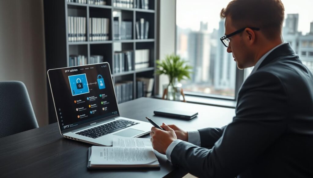 A professional workspace featuring a sleek desk with a modern laptop open, displaying an IPTV service interface labeled "iptv adultes". In the foreground, a person in business attire is thoughtfully reviewing a cybersecurity guide, with a notepad and pen beside them. The middle ground includes a bookshelf filled with books on digital privacy and technology. A window in the background shows a cityscape, bathed in soft, natural lighting that enhances the focus on the workspace. The overall mood is focused and secure, emphasizing privacy and safety in technology. The composition should convey a sense of professionalism and modern lifestyle, with clean lines and an organized aesthetic.