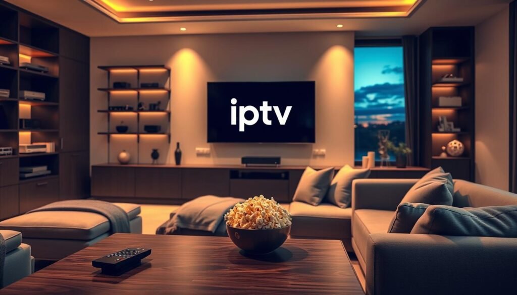 A sleek and modern living room featuring a high-end television displaying the logo of "iptv adultes". In the foreground, a stylish coffee table with a remote control and a bowl of popcorn. The middle ground showcases a comfortable sofa with plush cushions, adorned with tasteful, neutral-colored throw blankets. Warm, ambient lighting creates an inviting atmosphere, while a subtle glow from the TV screen enhances the scene. In the background, shelves filled with premium media devices and a soft-focus window revealing a twilight sky adds depth. The overall mood is luxurious and engaging, reflecting top-tier entertainment choices. The room is tidy and sophisticated, embodying a premium IPTV experience targeted for adults aged 18 and above.