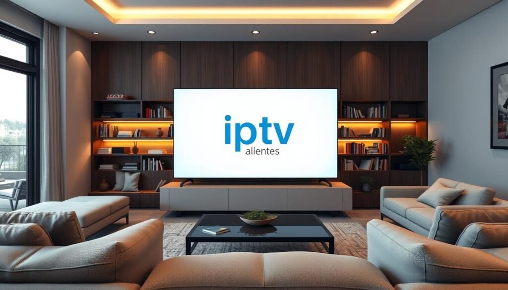 A sleek, modern living room setting embodies comfort and sophistication, featuring a large flat-screen TV displaying the logo of "iptv adultes" prominently in the foreground. In the middle, stylish furniture, such as a plush sofa and a contemporary coffee table, creates an inviting atmosphere. Soft, ambient lighting casts a warm glow over the space, enhancing the relaxed mood. In the background, a well-stocked bookshelf lined with various entertainment options adds depth and context. The scene is captured from a slightly lower angle, giving a sense of spaciousness and capturing the essence of a high-quality IPTV experience. The overall ambiance conveys a sense of stability and reliability, reflecting the theme of “Apollo Group: The Benchmark in Stability.”